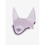 White crocheted lemieux hobby horse fly hood lilac with soft fabric ears and navy trim featuring lemieux logo