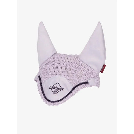 White crocheted lemieux hobby horse fly hood lilac with soft fabric ears and navy trim featuring lemieux logo