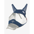 Navy blue and white mesh lemieux hobby horse fly mask with ear flaps for fly protection on horses