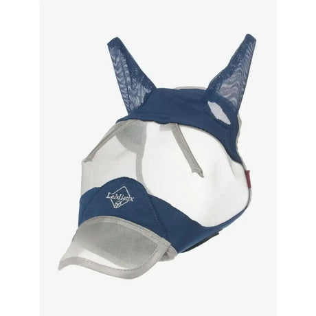 Navy blue and white mesh lemieux hobby horse fly mask with ear flaps for fly protection on horses