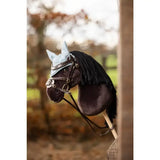 Black plush lemieux hobby horse freya head with light blue lace ear cover and brown leather bridle
