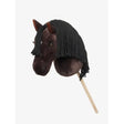 A plush dark brown lemieux hobby horse freya with black fringe mane and wooden stick handle for kids play