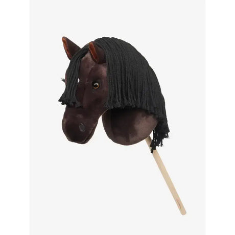 A plush dark brown lemieux hobby horse freya with black fringe mane and wooden stick handle for kids play