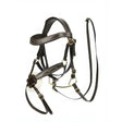 Black leather lemieux hobby horse grackle bridle with silver hardware and decorative stitching for hobby horse competition