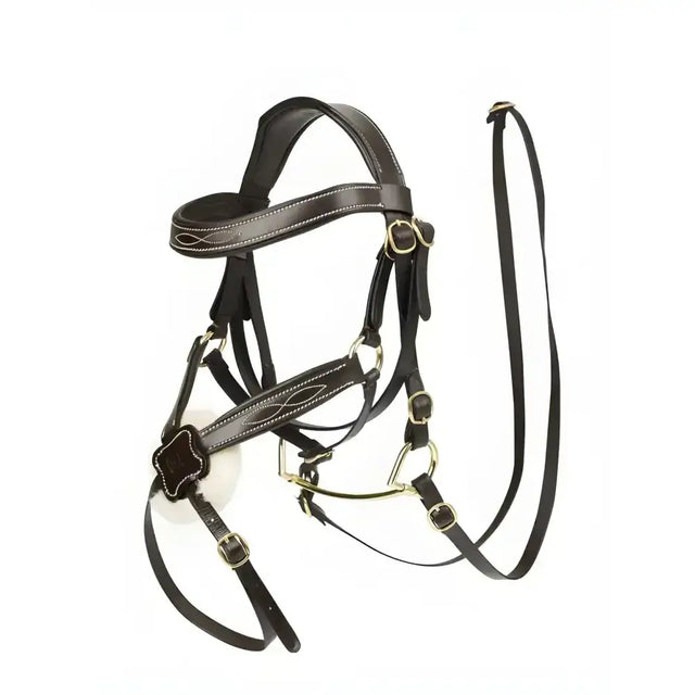 Black leather lemieux hobby horse grackle bridle with silver hardware and decorative stitching for hobby horse competition