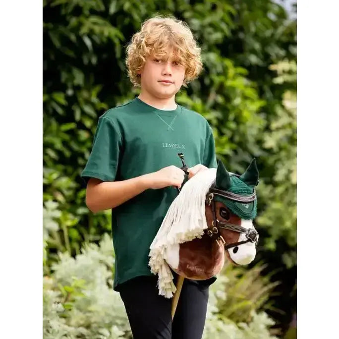 A brown and white lemieux hobby horse with green headpiece black grackle bridle and white fringe for hobby horse competition