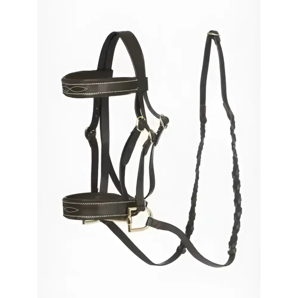 Black leather lemieux hobby horse hunter bridle with silver stitching and braided lead rope
