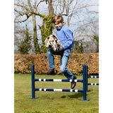 Blue metal hurdle with white stripes and lemieux branding from lemieux hobby horse montana collection