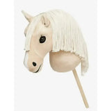 Cream-colored plush lemieux hobby horse with white plaitable mane loop mouth and wooden stick handle