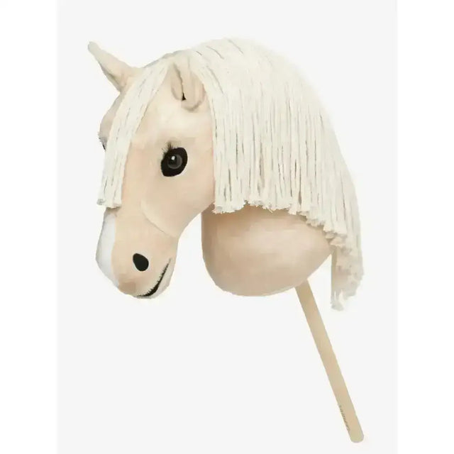 Cream-colored plush lemieux hobby horse with white plaitable mane loop mouth and wooden stick handle