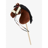 Brown plush hobby horse head with black fringed mane and white fur trim on wooden stick for lemieux hobby horse racing bridle set black