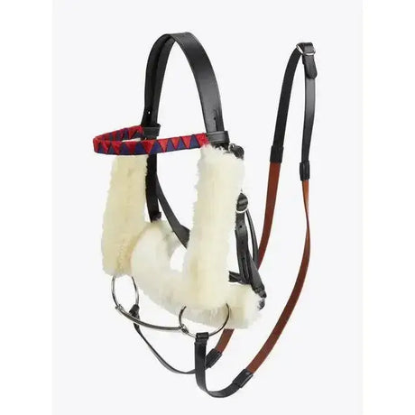 Black leather lemieux hobby horse racing bridle with cream fleece lining and red navy geometric browband