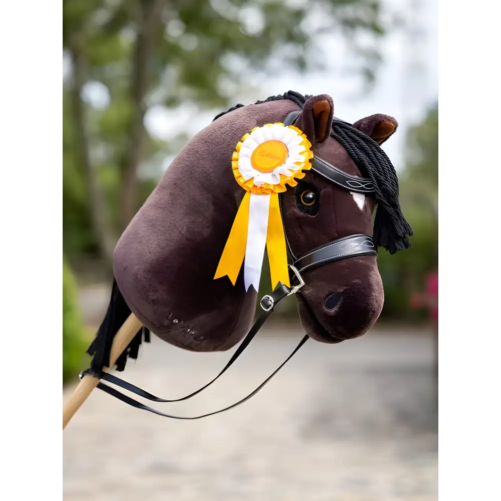 Plush toy horse head with yellow and white rosette ribbon from Lemieux Hobby Horse