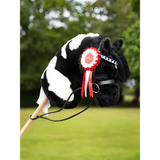 Hobby horse with black and white coloring featuring a red rosette from Lemieux Hobby Horse