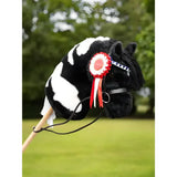 Black and white plush lemieux hobby horse with a red white and blue hobby horse rosette pinned to its head