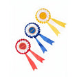 Three colorful lemieux hobby horse rosettes in red white blue white and yellow white with ladies winner’s rosettes