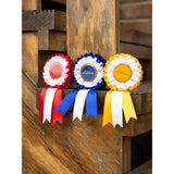 Three colorful lemieux hobby horse rosette winner’s rosettes in red-white-red blue-white-blue and yellow-white-yellow fabric