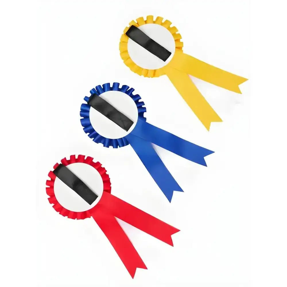 Lemieux hobby horse rosette pack with three satin finish winner’s rosettes in yellow blue and red with adhesive backs