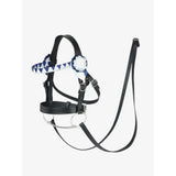 Black leather lemieux hobby horse showing bridle with blue white patterned browband and white floral detail