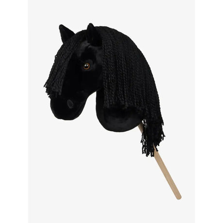 Black plush lemieux hobby horse spike with long textured mane on wooden stick handle for mini riders play