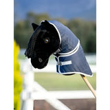 Black plush lemieux hobby horse head with navy stable rug featuring white trim and silver buckle perfect for horse care