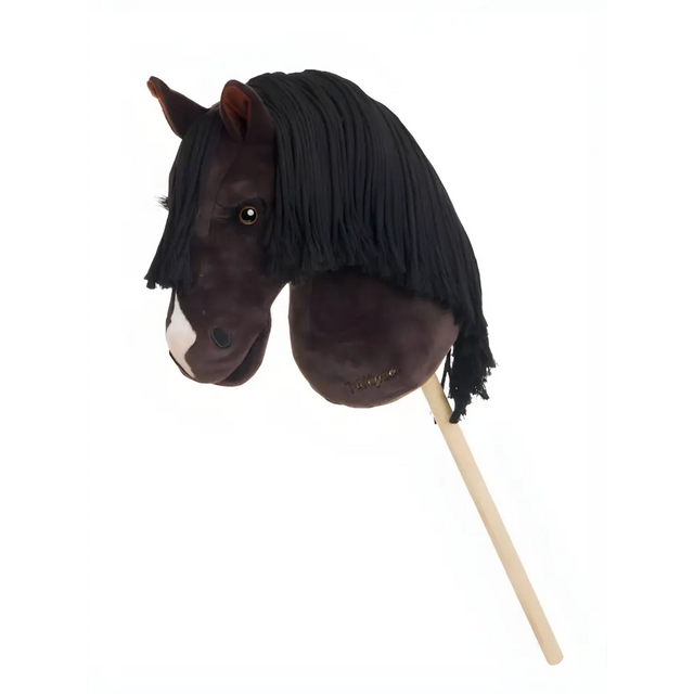 Lemieux Hobby Horse Valegro with dark brown plush head and black yarn mane on a stick