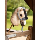 A plush light tan lemieux hobby horse head with black mane wearing a grey vogue headcollar glacier and braided rope