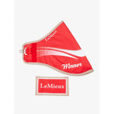 Red lemieux hobby horse winners rug red with white branding and silver metal d-ring attachment on horse winners rug