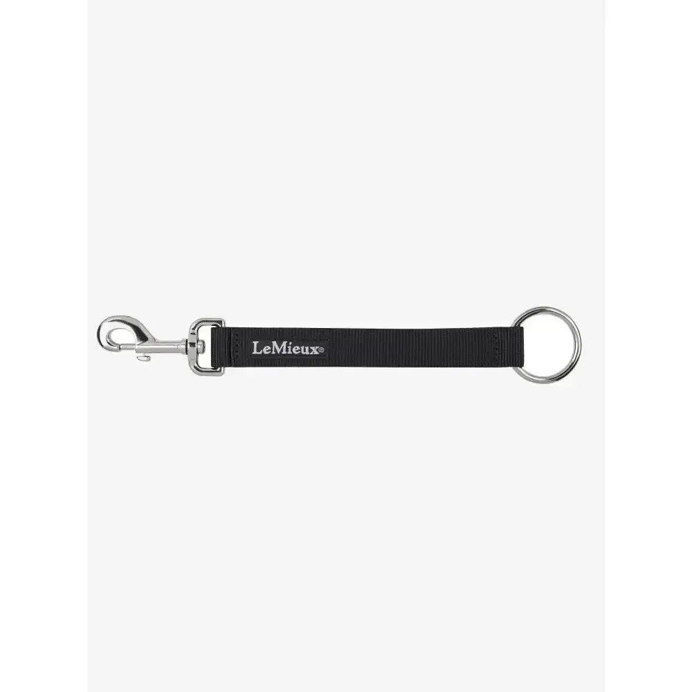 Black woven loop strap with silver hardware and lemieux logo for securing horse rug straps and hanging rugs