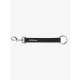 Black woven loop strap with silver hardware and lemieux logo for securing horse rug straps and hanging rugs
