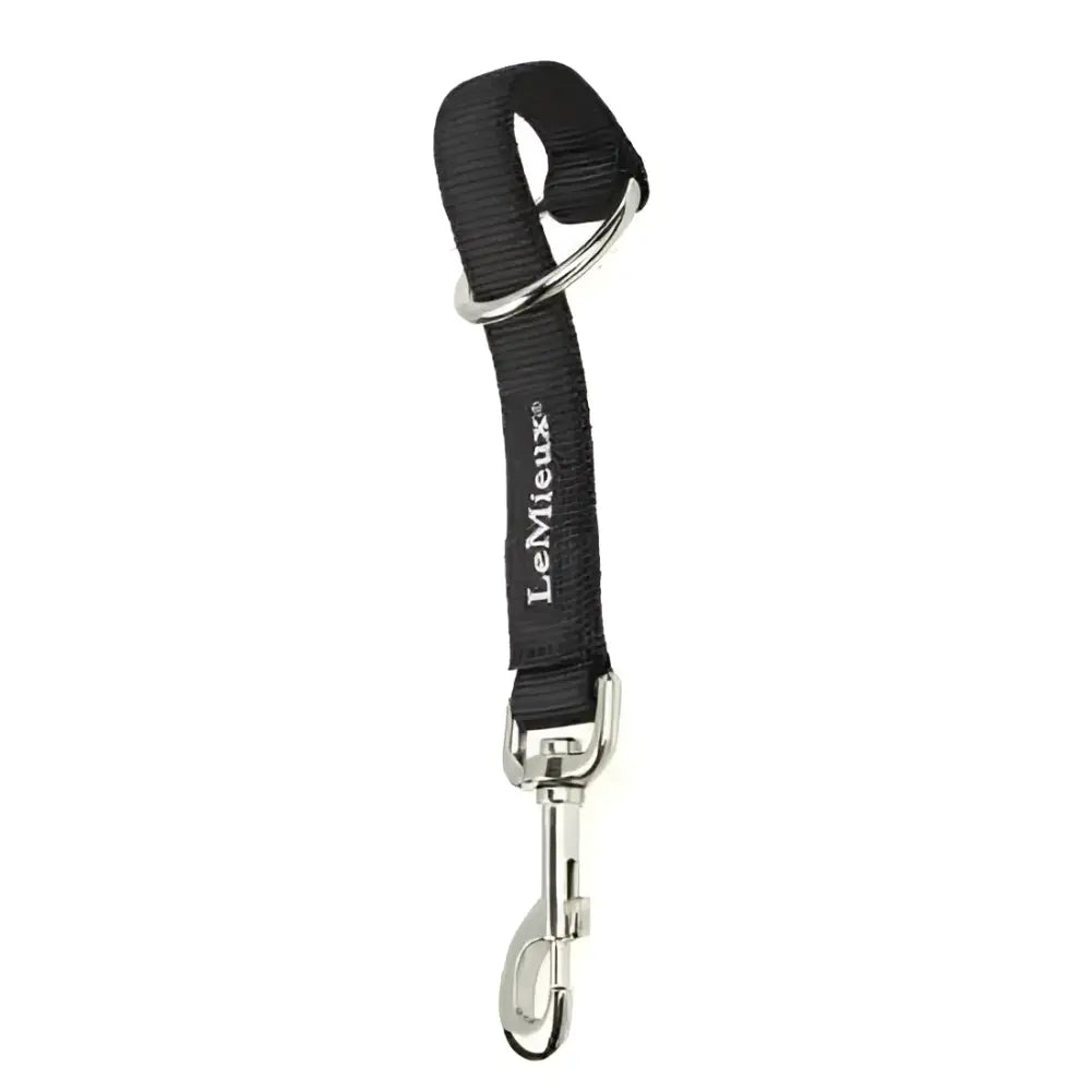 Black woven loop strap black leash with silver ring and snap hook branded lemieux for hanging horse rug straps