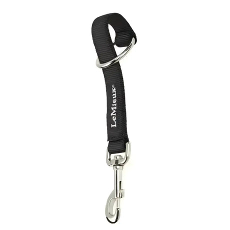 Black woven loop strap black leash with silver ring and snap hook branded lemieux for hanging horse rug straps