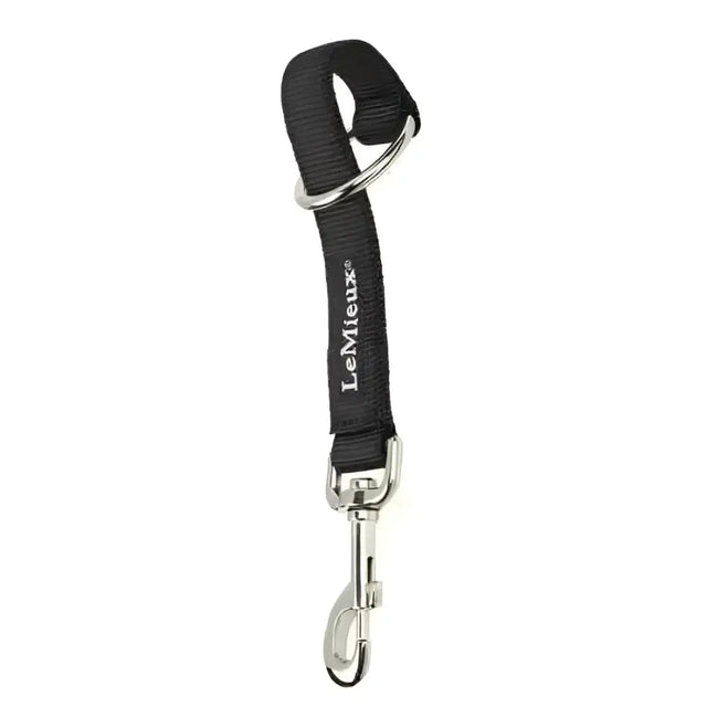 Black woven loop strap black leash with silver ring and snap hook branded lemieux for hanging horse rug straps