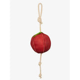 Red fabric lemieux horse toy apple with green leaf top and beige natural husk rope handle pet toy
