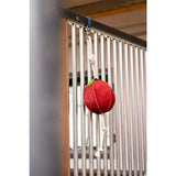 Red plush lemieux horse toy apple with green leaf top and white natural husk rope hanging from metal bar