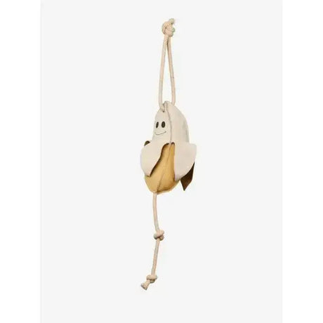 A charming beige and tan banana horse toy leather pouch with a smiling face hanging from knotted rope by lemieux