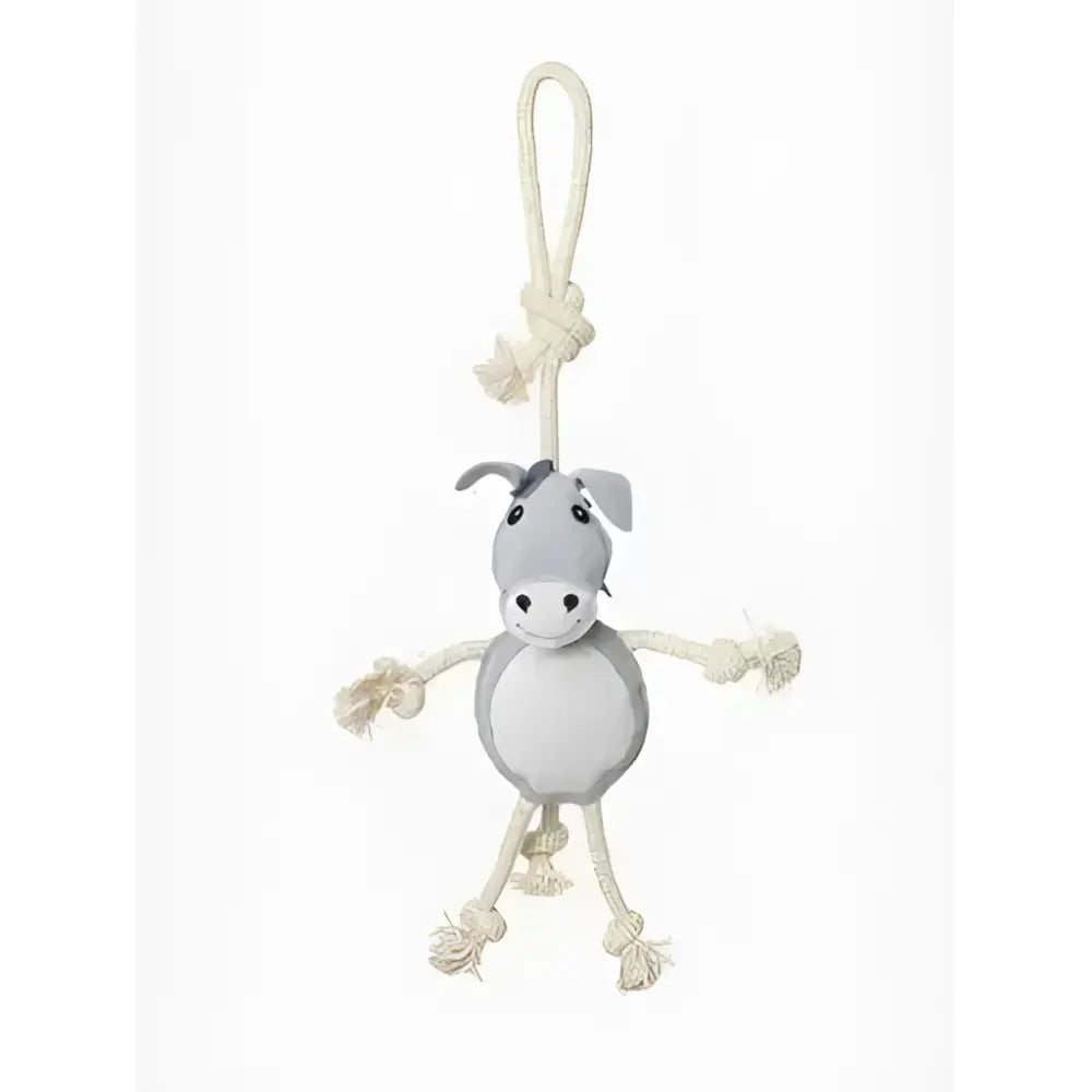 Gray plush lemieux horse toy donkey with rope limbs and knotted hanging loop for horses to play with