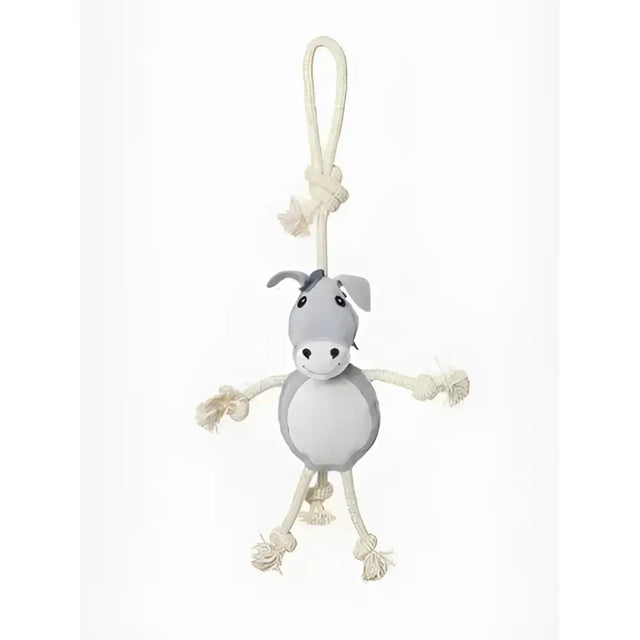 Gray plush lemieux horse toy donkey with rope limbs and knotted hanging loop for horses to play with