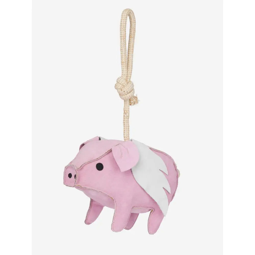 Pink pig-shaped leather lemieux horse toy with white wings and beige rope loop toy flying pig for horses