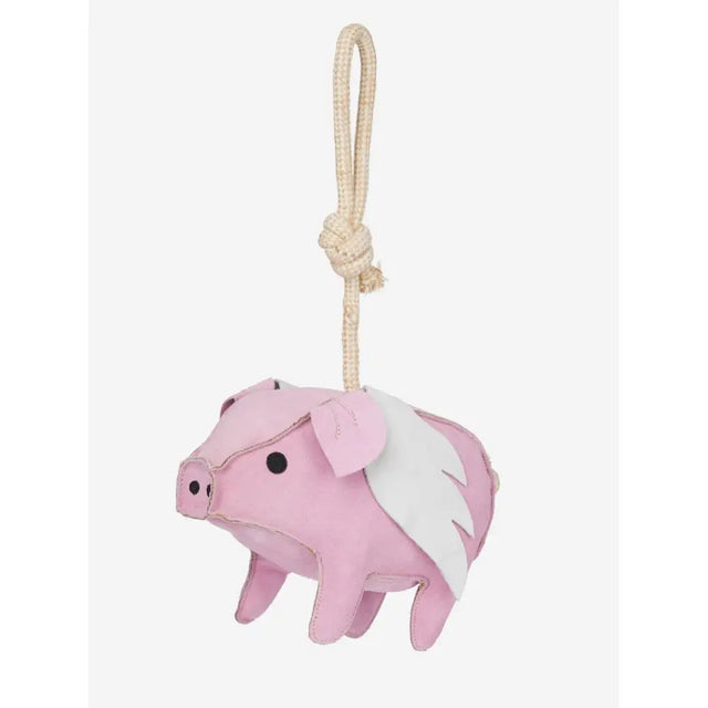 Pink pig-shaped leather lemieux horse toy with white wings and beige rope loop toy flying pig for horses