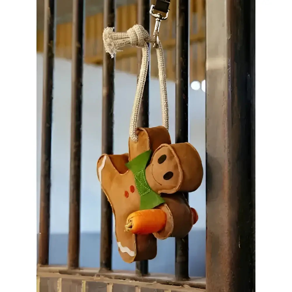 Brown leather lemieux horse toy monkey keychain with green scarf and orange carrot detail toy gingerbread