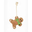 Brown lemieux horse toy gingerbread ornament with green scarf and white icing hanging from twisted rope