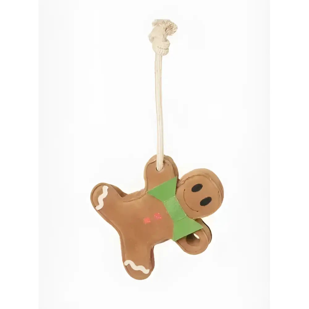 Brown lemieux horse toy gingerbread ornament with green scarf and white icing hanging from twisted rope