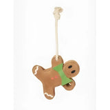 Brown lemieux horse toy gingerbread ornament with green scarf and white icing hanging from twisted rope