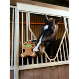 A brown lemieux horse toy gingerbread shaped like a gingerbread man with green icing and white trim details