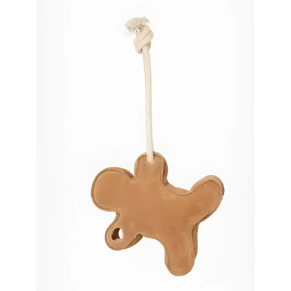 Tan leather horse toy gingerbread ornament by lemieux with knotted rope loop for hanging and play