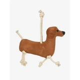 Brown suede-like lemieux horse toy sausage in a dachshund shape with rope-tied bone legs and knotted handle on back