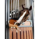Brown horse chewing on tan rope-tied plush lemieux horse toy sausage dog shaped like a miniature horse