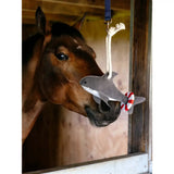 Gray plush toy shark with red and white striped tail hanging from blue strap lemieux horse toy shark