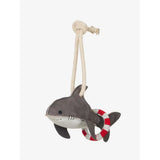 Gray and white plush lemieux horse toy shark with red and white striped ring hanging from beige rope toy shark